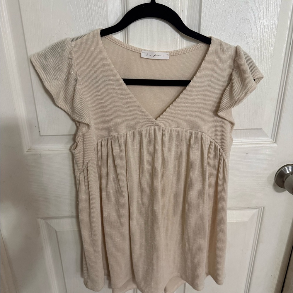 Olivaceous Beige Flutter Sleeve Blouse